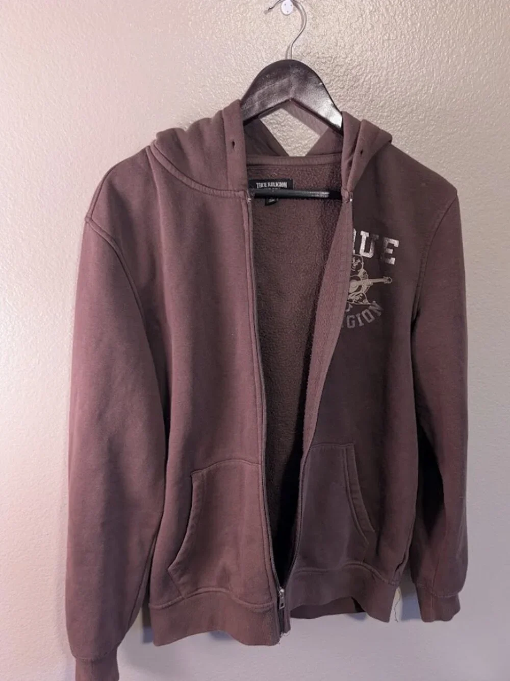 True Religion Men Brown Full Zip Hoodie Graphic Buddha Guitar Size M Oversize